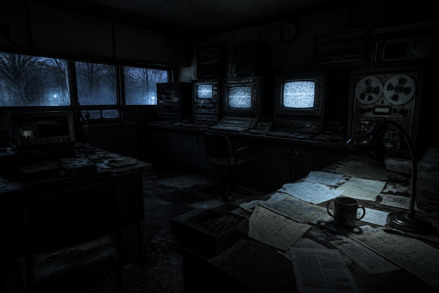 Abandoned station control room with CRT monitors showing static