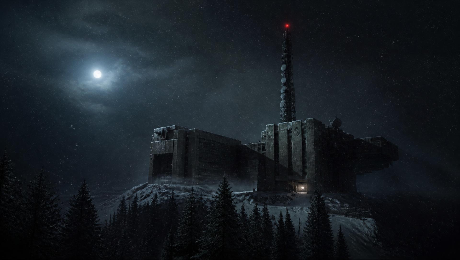 The abandoned Mountain Station at night during heavy snowfall